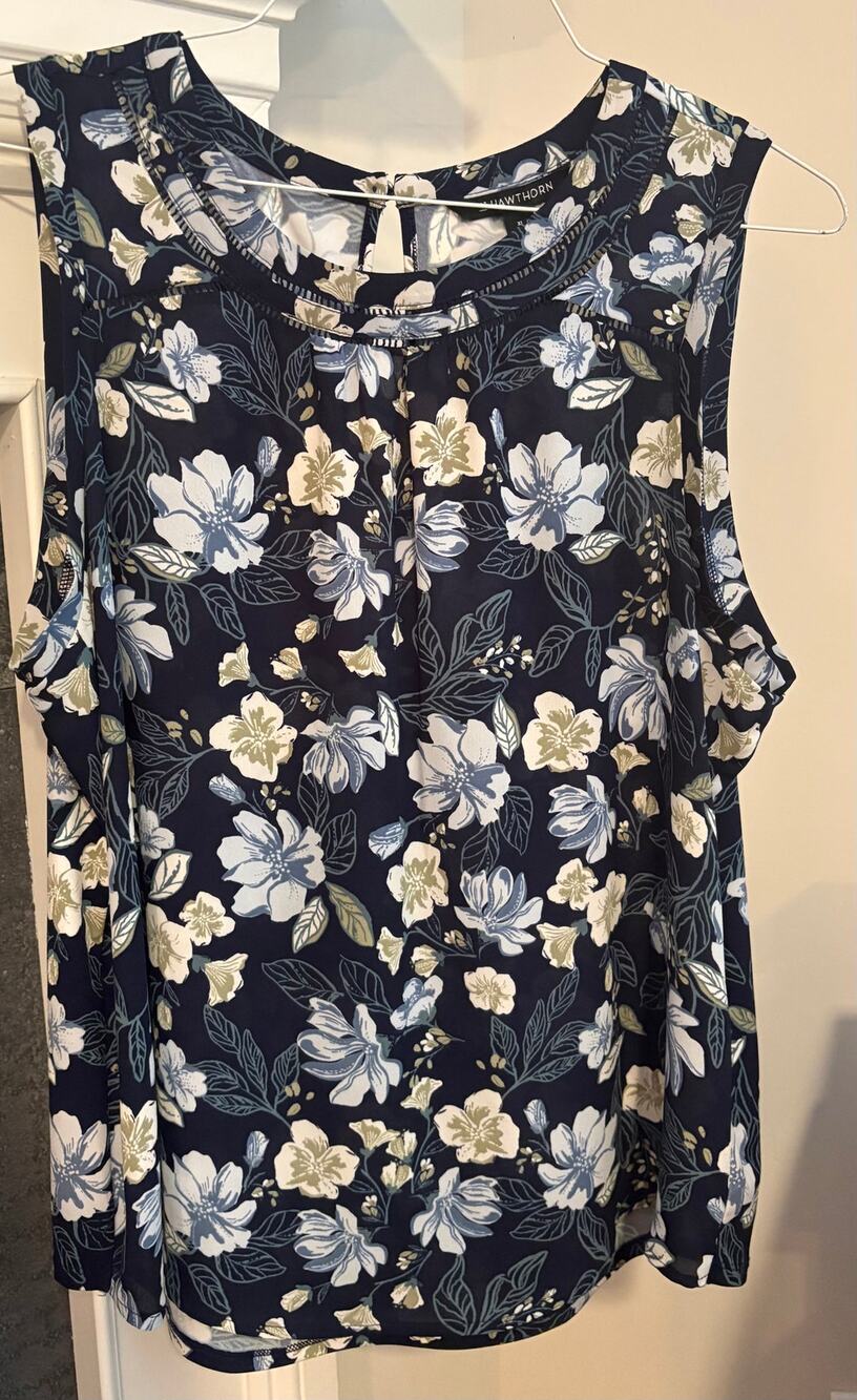 41 Hawthorn Navy Floral Sleeveless Blouse, Ladder Trim Neckline, Women's XL
